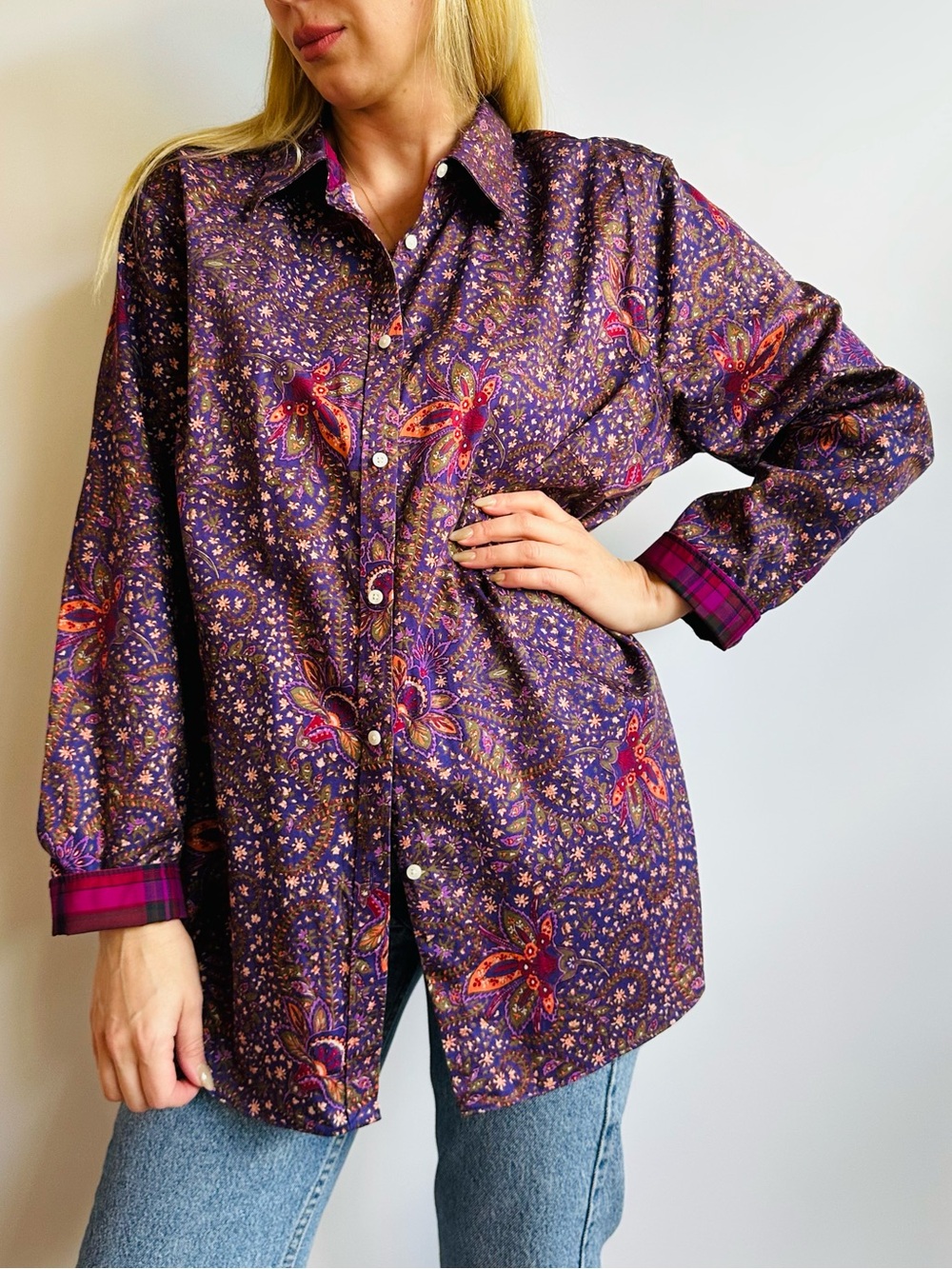 Vintage Chaps Paisley Floral Button Down Shirt Purple Plaid Cuff Boho No Iron